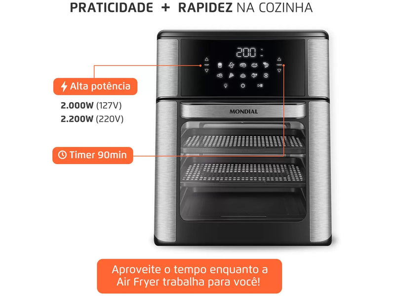 Fritadeira Elétrica Sem Óleo Air Fryer Oven 2 em 1 Mondial AFON-12L-BI 12L Digital – Preta/Inox